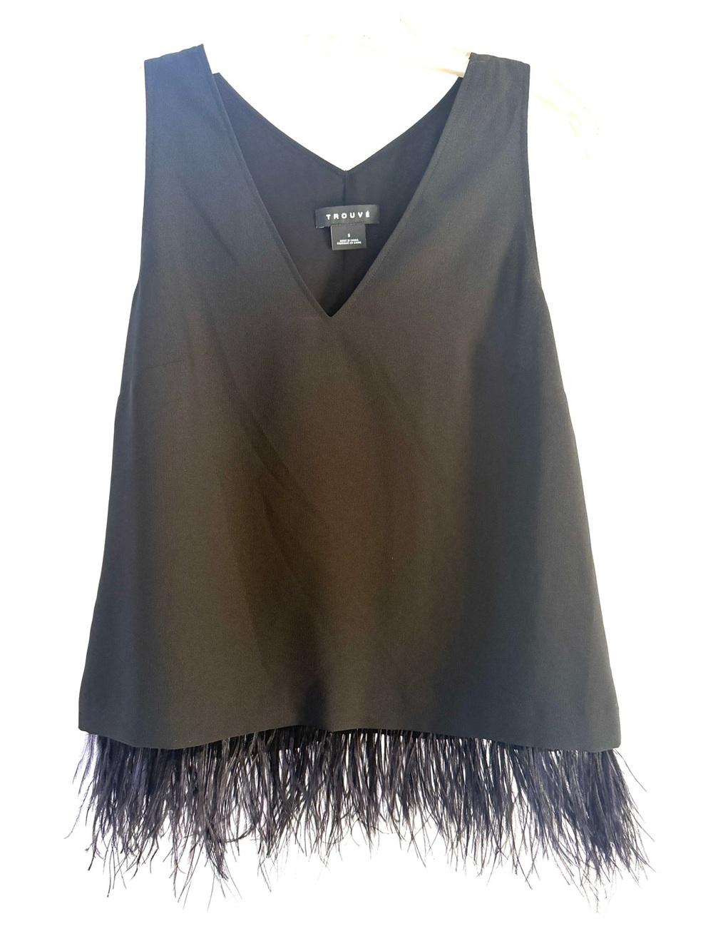 Trouvé Black Ostrich Feather Hem Tank, V-Neck, Size S
